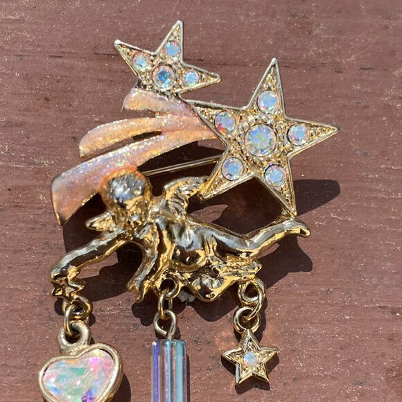 Rhinestone KIRKS FOLLY Charm BROOCH / PIN~ Shooting STAR Heart CHERUB / ANGEL - Picture 5 of 6